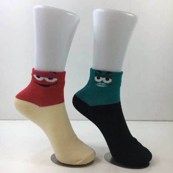 Unisex Cartoon Faces Ankle Socks 2 Pack Red Cream Blue Black - Picture 3 of 3